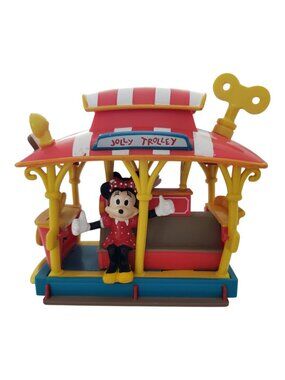 Disney Vintage Mickey & Minnie Mouse Toontown Jolly Trolley Pullback Toy